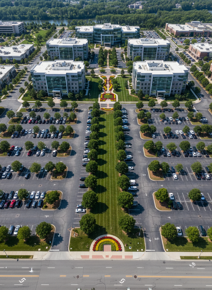 An expansive aerial view of a well-maintained Lehigh Valley commercial complex, showing multiple buildings surrounded by uniform, verdant lawns, symmetrically pruned trees, and cleanly edged parking lot islands. The landscaping features consistent mulch color, evenly spaced shrubs, and clear sightlines from the roadway. Photographic realism from a high bird’s-eye perspective, captured in bright midday light that reveals every detail without harsh contrast. The composition emphasizes the organized geometry of the property and the continuous green spaces connecting entrances and walkways. The atmosphere is orderly and corporate, underscoring dependable, large-scale lawn maintenance and landscape management suitable for offices, medical centers, and retail plazas.