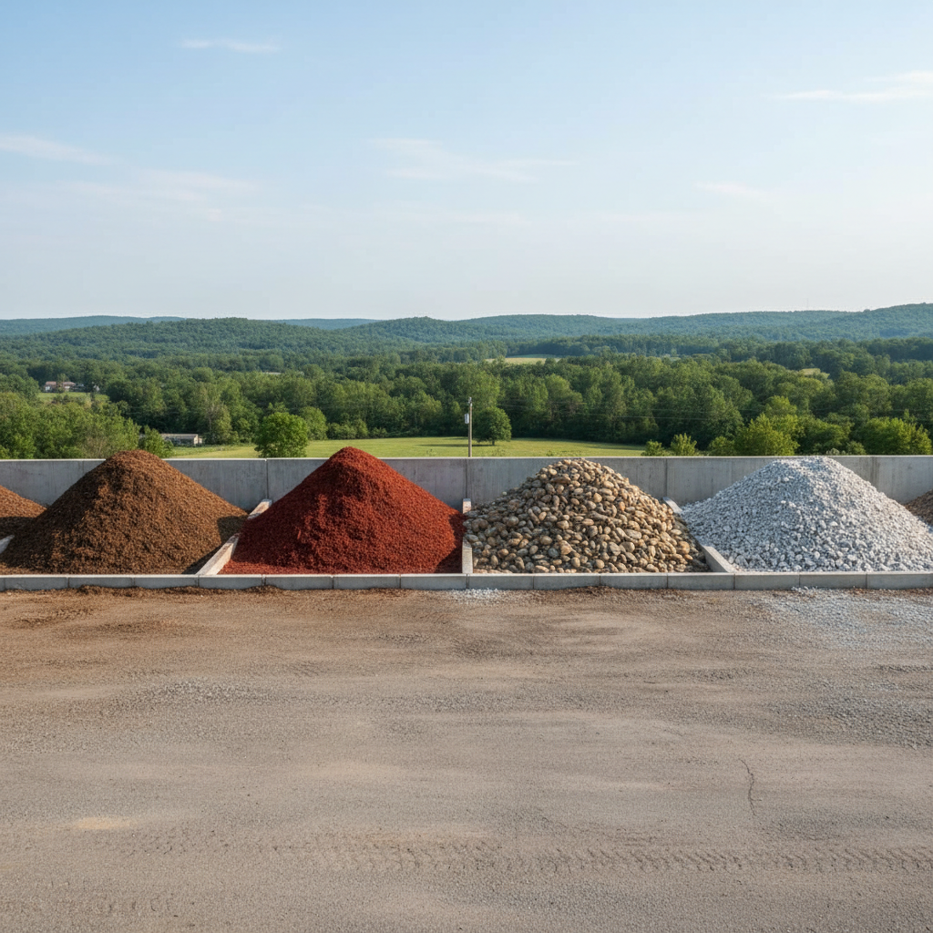 A clean, organized row of labeled mulch and decorative stone mounds in a Lehigh Valley landscape supply yard, framed by distant rolling hills and a pale blue sky. Each material pile—rich brown mulch, red mulch, river rock, and crushed stone—shows distinct texture and color, separated by tidy concrete dividers. Photographic realism with bright, natural daylight emphasizing the variations in tone and grain. No people or signage, just clear material variety. The composition is slightly elevated and panoramic, with strong horizontal lines that feel orderly and professional. The atmosphere is practical and resource-focused, illustrating the range of materials available for custom landscape installations and seasonal refreshes.