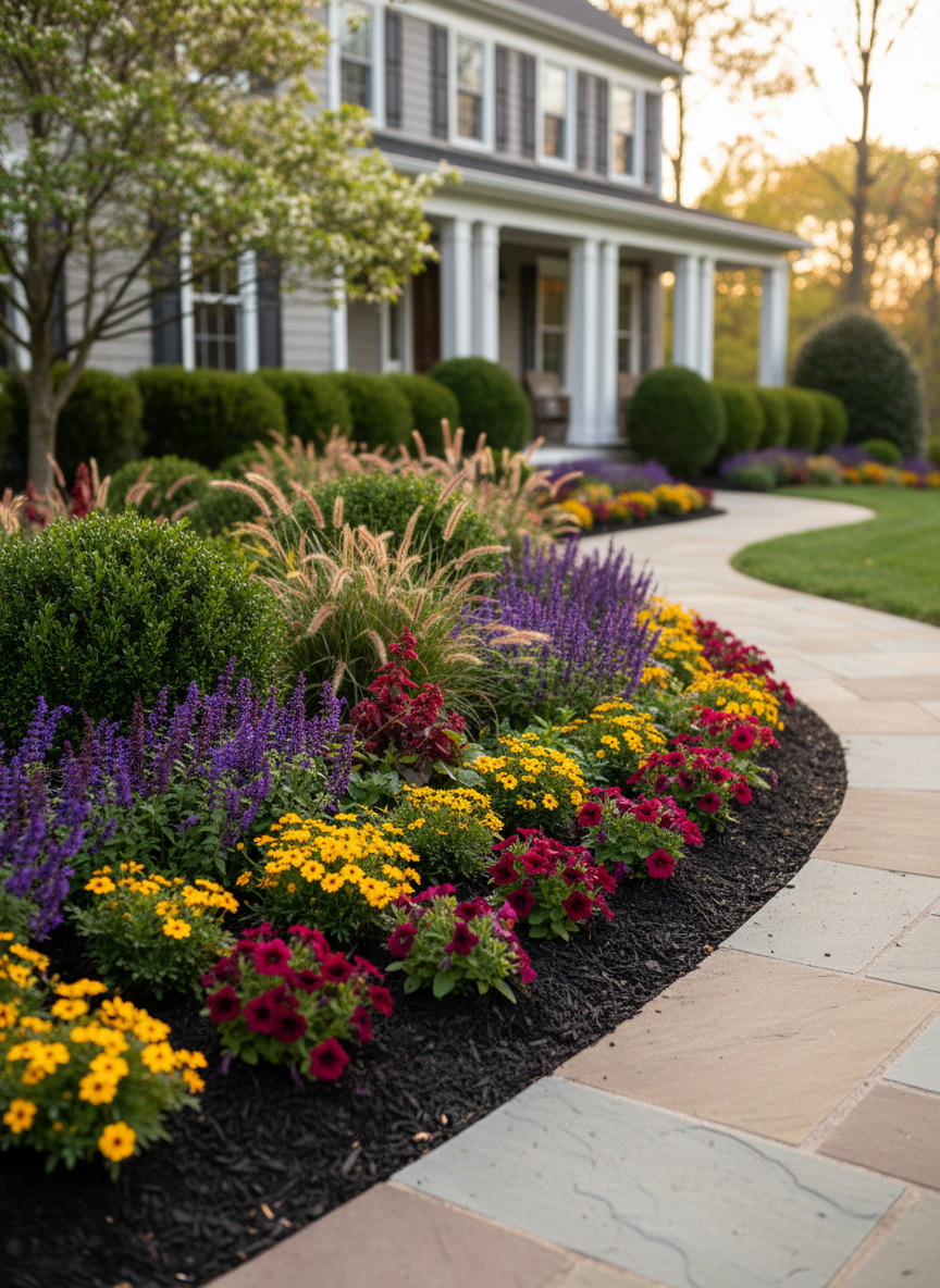A vibrant seasonal landscaping display at the entry of a suburban Lehigh Valley home, focusing on a curved planting bed that blends colorful annuals, evergreen shrubs, and ornamental grasses. Rich black mulch contrasts against the saturated reds, yellows, and purples of carefully arranged flowers. A stone walkway leads to a welcoming front porch in the background, framed by neatly trimmed boxwoods. Photographic realism with soft golden-hour lighting, creating gentle highlights on glossy leaves and warm tones on the stone. The image is composed using the rule of thirds, with the planting bed in sharp foreground focus and the home softly rendered behind. The mood is warm, polished, and inviting, emphasizing expert seasonal design and maintenance.