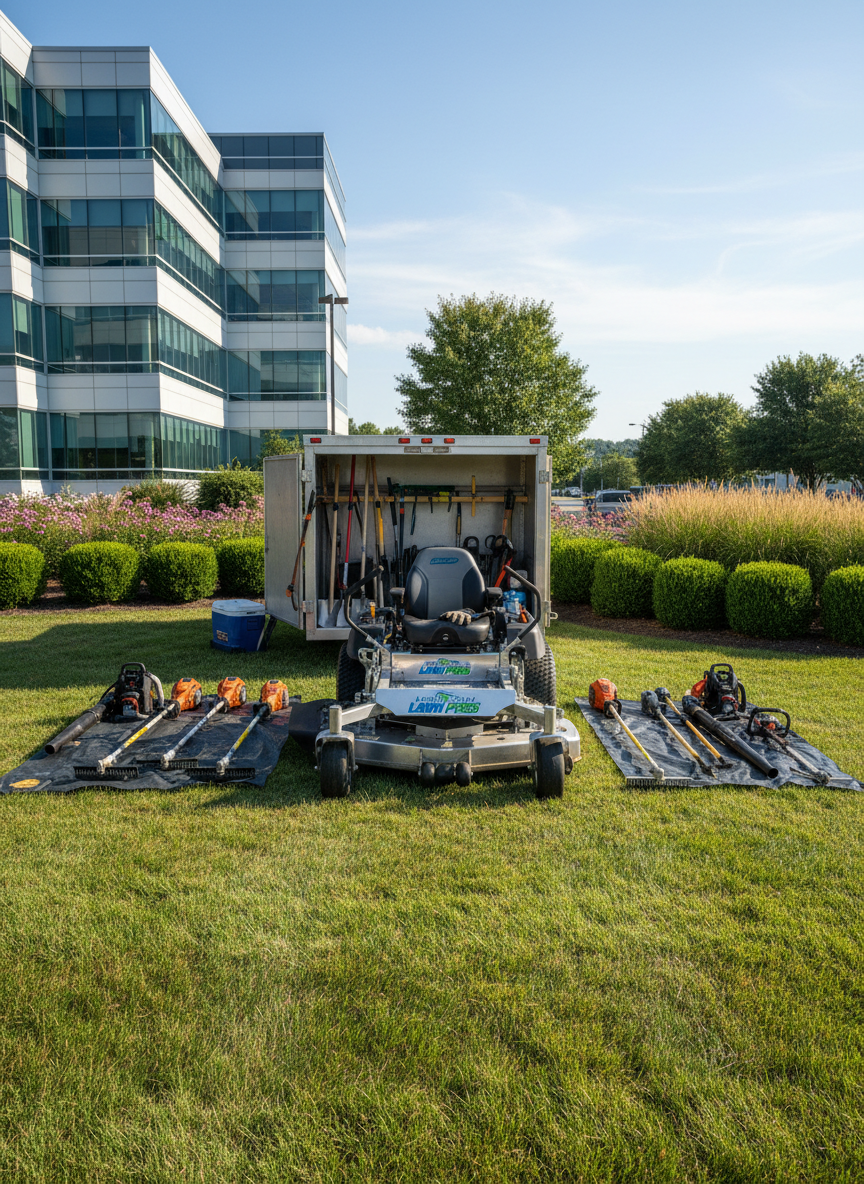 A small fleet of professional landscaping equipment arranged neatly on a freshly cut commercial property in Lehigh Valley, PA. A zero-turn mower with polished metal and spotless decals sits on a smooth expanse of turf, flanked by string trimmers, leaf blowers, and a tidy open trailer loaded with organized tools. No people are present, but the setup implies a crew at work. The background features a contemporary office building with clean landscaping beds, decorative grasses, and trimmed hedges. Captured in bright morning sunlight with crisp, realistic detail and subtle reflections on the machinery. The atmosphere is efficient and professional, with a slightly elevated wide-angle composition emphasizing reliability and readiness for both residential and commercial lawn care.