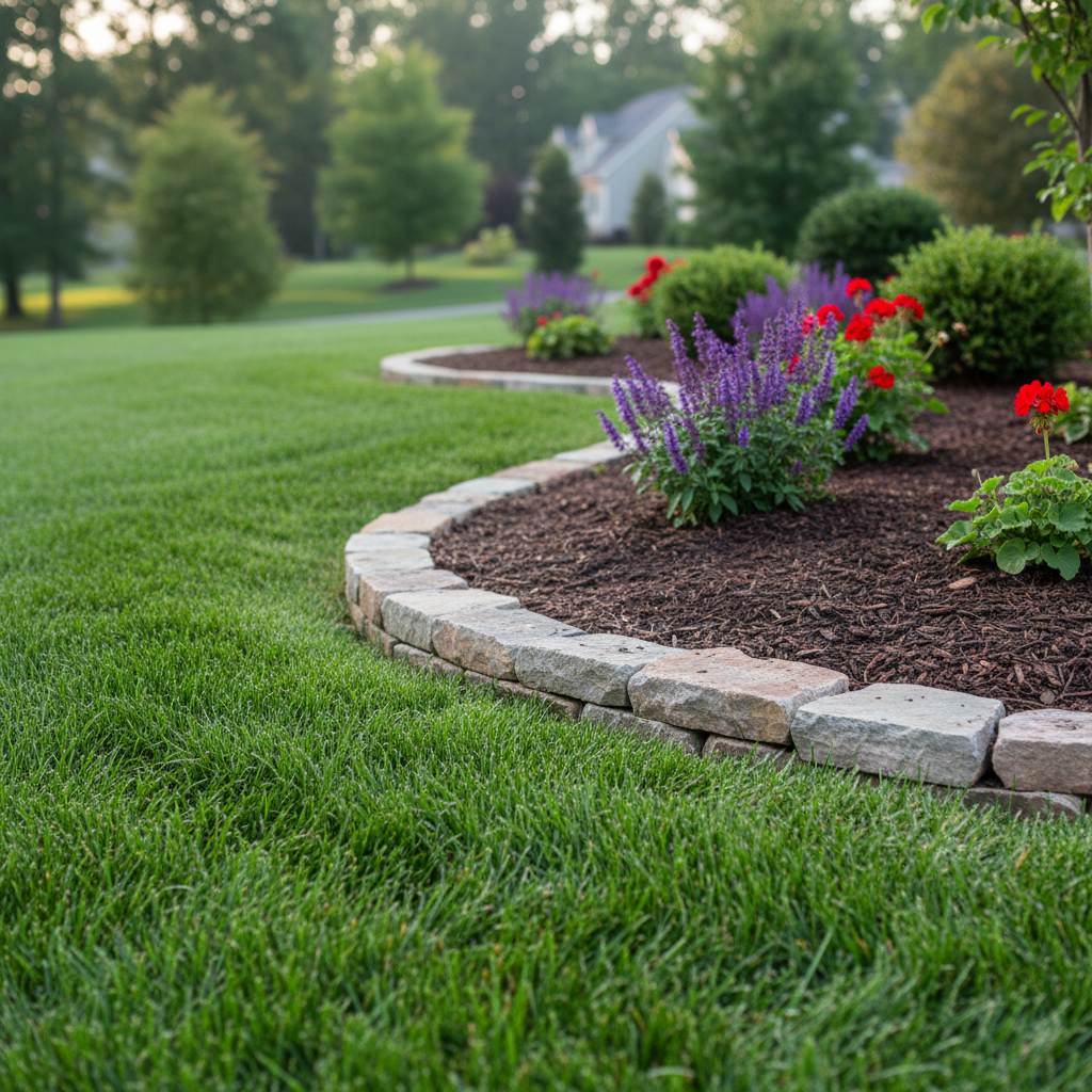 A close-up, ground-level view of a freshly edged lawn border in Lehigh Valley, PA, where a dense carpet of bright green grass meets a curved flower bed lined with neatly stacked natural stone edging. The soil is smooth and dark, topped with evenly spread mulch around healthy perennials and small shrubs. Photographic realism with sharp detail on individual grass blades and stone textures, captured in soft, diffused morning light that reduces glare and casts minimal shadows. The background gently blurs into a hint of a well-kept yard. The mood is precise and meticulous, highlighting professional mowing, trimming, and edging services and the clean, finished look they create.