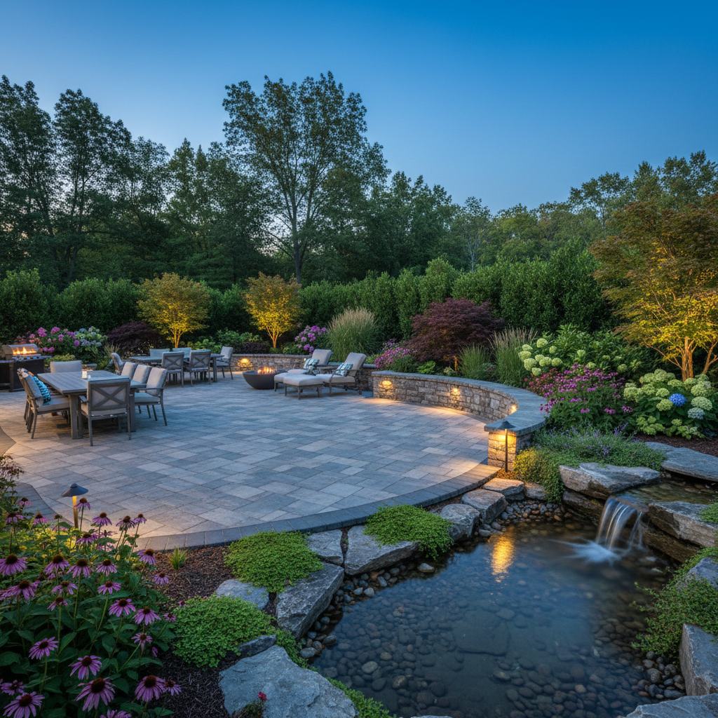 A thoughtfully designed backyard oasis in Lehigh Valley, PA, featuring a spacious paver patio with subtle color variation, a low retaining wall with integrated planting pockets, and a lush perimeter of shrubs, flowering plants, and ornamental trees. A small, clear water feature with natural stone edges adds movement and reflection. Photographic realism at eye level during early evening blue hour, with discreet, warm landscape lighting illuminating pathways and accenting key plants. The overall mood is serene and upscale, ideal for outdoor living and entertaining. The wide composition showcases the flow between hardscaping and softscaping, emphasizing complete landscape design and installation services for homeowners seeking a retreat-like space.