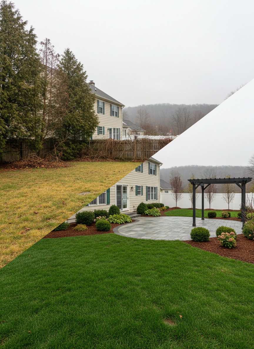 A detailed before-and-after transformation of a Lehigh Valley backyard, shown as a single wide photographic scene divided diagonally. On one side, patchy, uneven grass and overgrown shrubs; on the other, a professionally redesigned outdoor space with thick green turf, fresh mulch, neatly pruned shrubs, and a graceful paver patio with curved edges. The setting features a typical Pennsylvania two-story home with wooded hills faintly visible in the distance. Captured in bright, diffused overcast light to minimize harsh shadows and highlight the contrast in textures. The mood is confident and solution-focused, with a clean, modern aesthetic and precise composition that draws the eye from the neglected area to the revitalized, vibrant landscape.