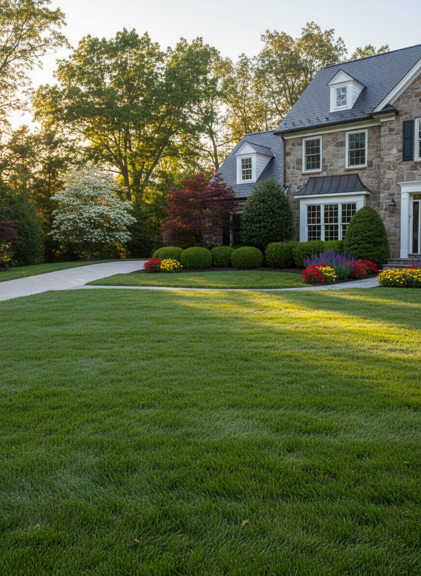 A meticulously manicured suburban front lawn in Lehigh Valley, PA, with lush, deep-green grass, crisply edged along a clean concrete driveway and winding front walk. Mature ornamental trees, dense foundation shrubs, and bursts of seasonal flowers frame a well-kept stone-front home in the background. Photographic realism, captured at eye level in warm late-afternoon sunlight that casts soft shadows and gentle highlights on the blades of grass. The atmosphere feels professional and welcoming, emphasizing curb appeal and overall landscape health. Sharp focus throughout, with a balanced, wide composition that showcases both turf and planting beds, conveying dependable, high-quality lawn and landscaping services for residential properties.